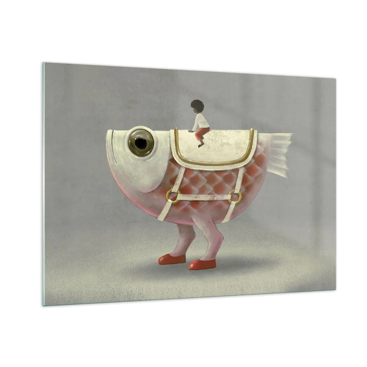 Cuadro sobre vidrio - Impresiones sobre Vidrio - Una figura montando un pez rosa con piernas y una silla de montar. - 100x70cm - Jinete del pescado - Decoración de pared moderna para salón y dormitorio ARTTOR