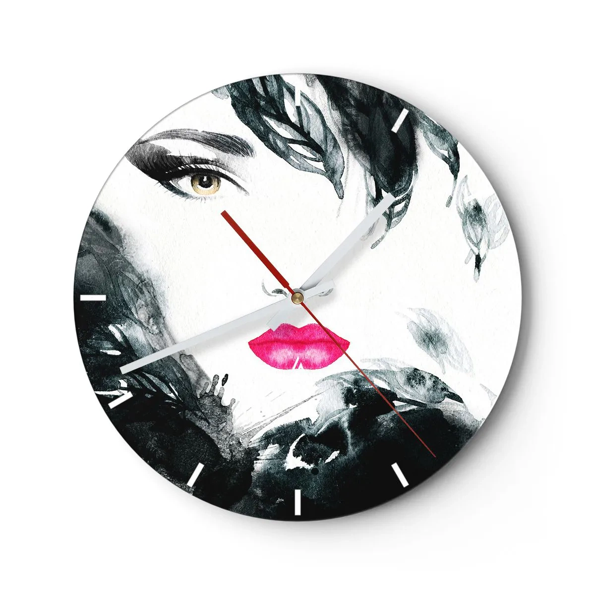 Reloj de pared - Reloj de vidrio - Retrato artístico de una mujer con labios y ojos expresivos. - 30x30cm - ¡Cuidado! Femme fatale - Decoración de pared moderna para salón, cocina y dormitorio ARTTOR