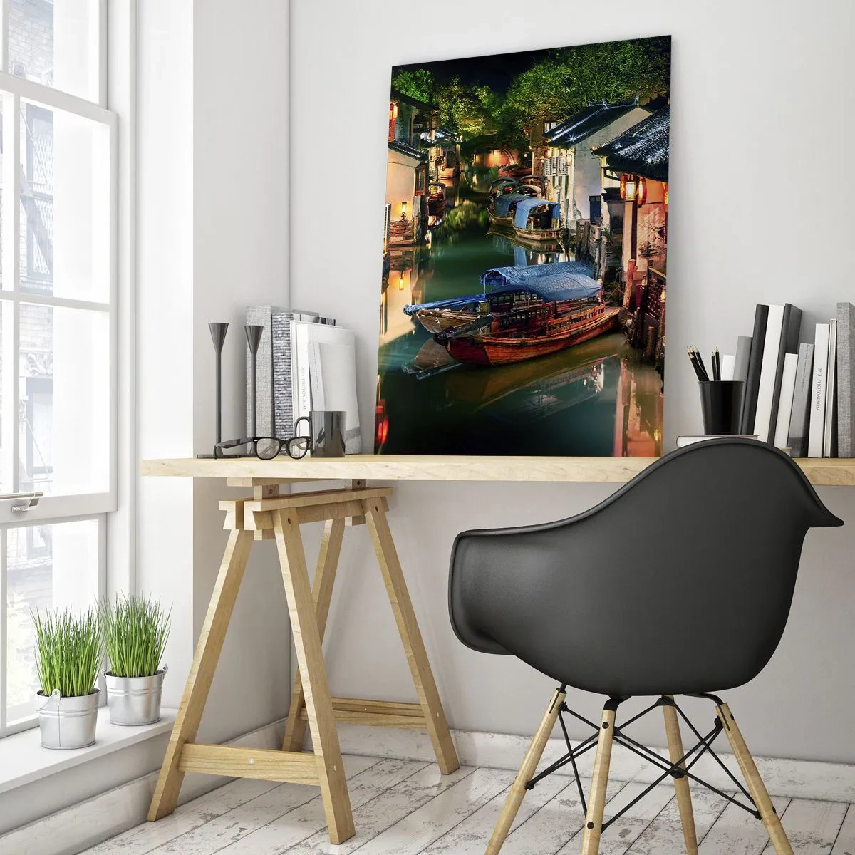 Cuadro sobre vidrio - Impresiones sobre Vidrio - Vista nocturna de los canales con barcos y casas tradicionales. - 70x100cm - Noche en una calle china - Decoración de pared moderna para salón y dormitorio ARTTOR