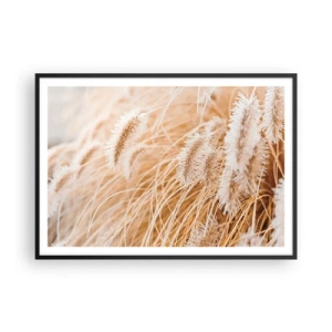 Póster en marco negro - Primer plano de hierbas delicadas y doradas a la luz del sol. - 100x70cm - El dorado susurro de las hierbas - Decoración de pared moderna para salón y dormitorio ARTTOR