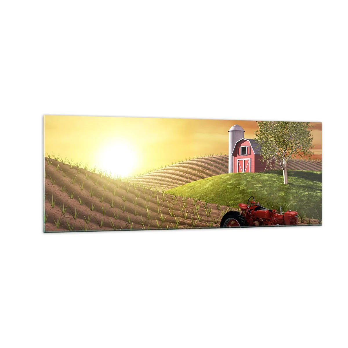 Cuadro sobre vidrio - Impresiones sobre Vidrio - Paisaje rural con un granero rojo, un tractor y el amanecer. - 140x50cm - Una granja como un cuento de hadas - Decoración de pared moderna para salón y dormitorio ARTTOR