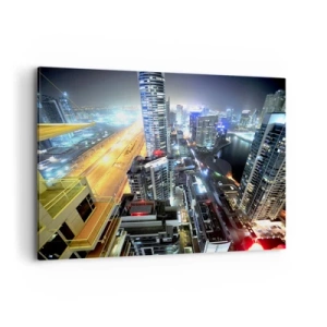 Cuadro sobre lienzo - Impresión de Imagen - Panorama de la ciudad nocturna con rascacielos iluminados - 100x70cm - Un milagro en el desierto - Decoración de pared moderna para salón y dormitorio ARTTOR