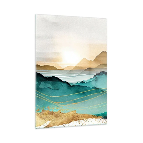 Cuadro sobre vidrio - Impresiones sobre Vidrio - Un paisaje de montaña dorado y turquesa en estilo acuarela. - 50x70cm - Al borde de la abstracción - paisaje - Decoración de pared moderna para salón y dormitorio ARTTOR