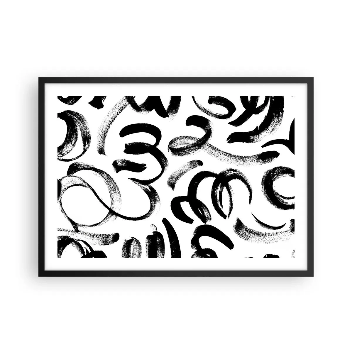 Póster en marco negro - Pinceladas abstractas negras sobre fondo blanco - 70x50cm - Negro sobre blanco - Decoración de pared moderna para salón y dormitorio ARTTOR