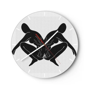 Reloj de pared - Reloj de vidrio - Figuras simétricas en color negro formando un corazón con fuego en el centro sobre un fondo claro. - 30x30cm - Un alma compartida - Decoración de pared moderna para salón, cocina y dormitorio ARTTOR