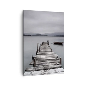 Cuadro sobre lienzo - Impresión de Imagen - Un puente de madera que conduce a la tranquila superficie del lago. - 70x100cm - Mañana partimos - Decoración de pared moderna para salón y dormitorio ARTTOR