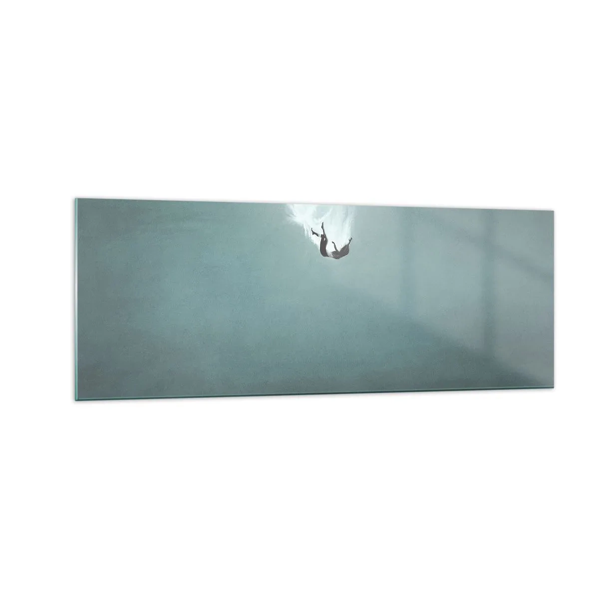 Cuadro sobre vidrio - Impresiones sobre Vidrio - Una figura sumergida en aguas turquesas profundas. - 140x50cm - En el abrazo del océano - Decoración de pared moderna para salón y dormitorio ARTTOR