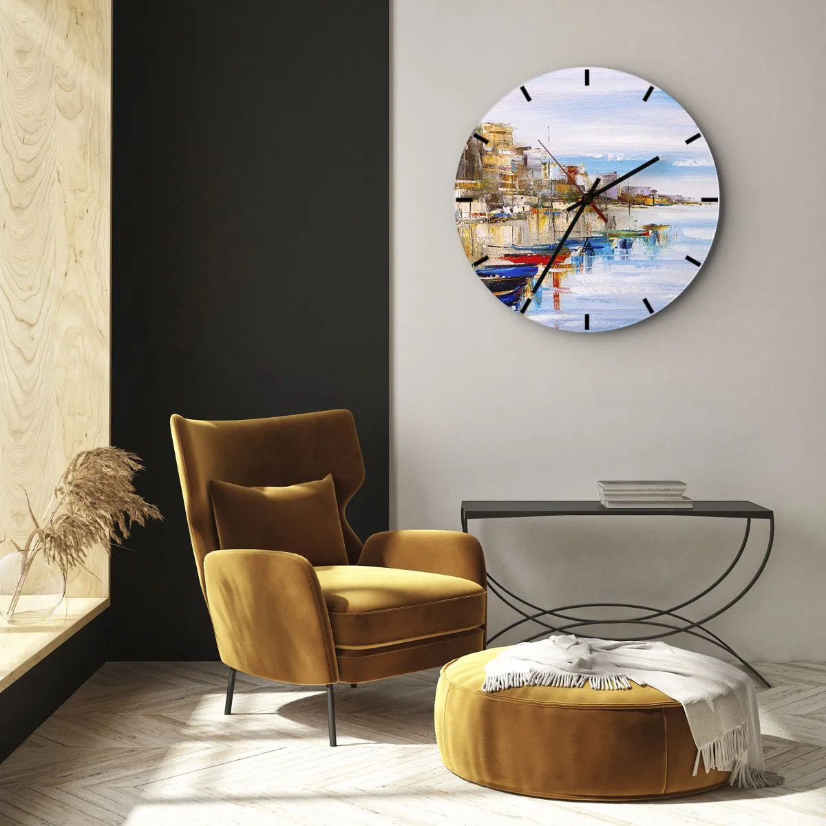Reloj de pared - Reloj de vidrio - Puerto urbano multicolor - 30x30 cm