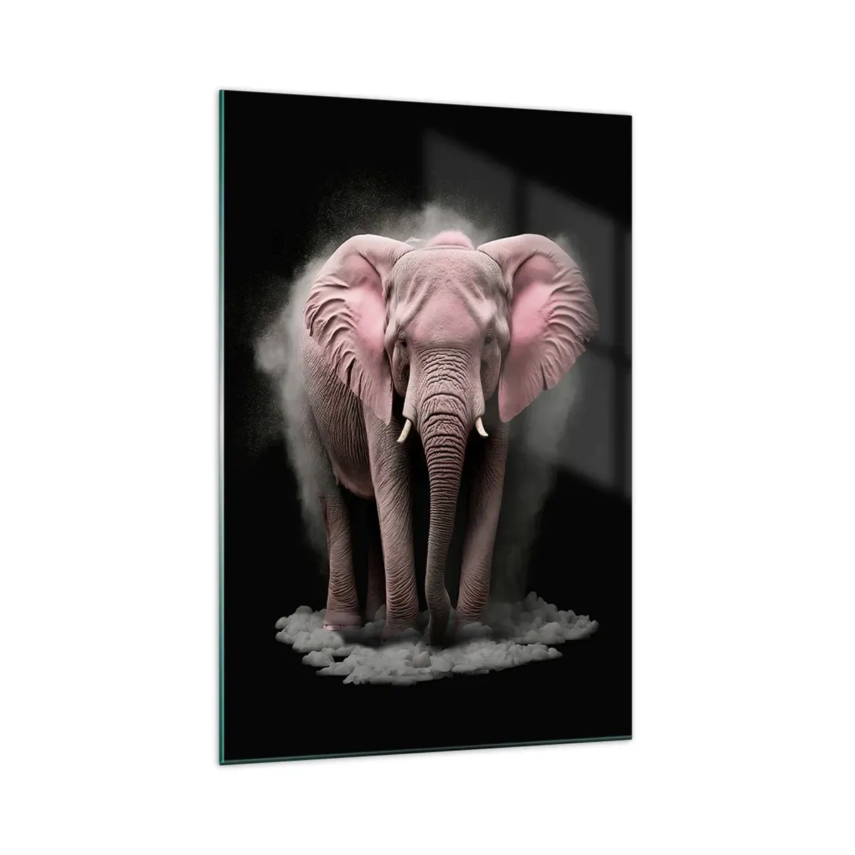 Cuadro sobre vidrio - Impresiones sobre Vidrio - Una interpretación artística de un elefante rosa sobre un fondo negro. - 70x100cm - El rey rosado de oriente - Decoración de pared moderna para salón y dormitorio ARTTOR