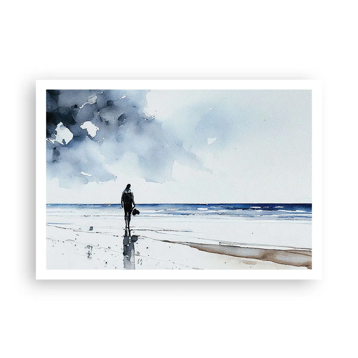 Póster - Una figura en una playa en un entorno de mar tranquilo. - 100x70cm - Conversación con el mar - Decoración de pared moderna para salón y dormitorio ARTTOR