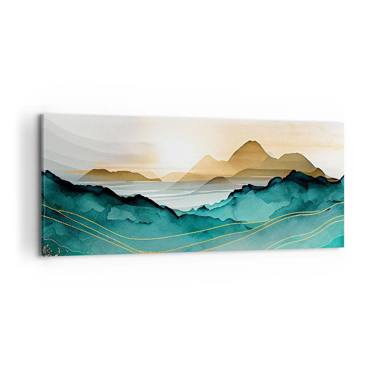 Cuadro sobre lienzo - Impresión de Imagen - Paisaje abstracto con montañas y acentos dorados. - 120x50cm - Al borde de la abstracción - paisaje - Decoración de pared moderna para salón y dormitorio ARTTOR