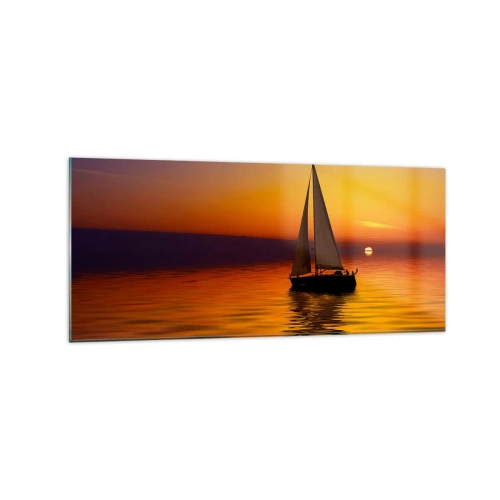 Cuadro sobre vidrio - Impresiones sobre Vidrio - Un velero en un mar tranquilo al atardecer. - 120x50cm - Qué tranquilo el anochecer… - Decoración de pared moderna para salón y dormitorio ARTTOR