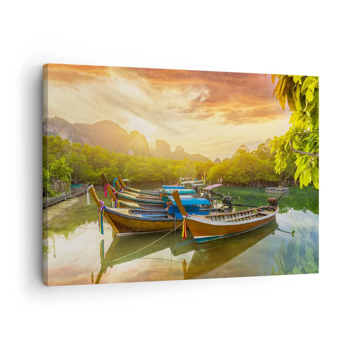 Cuadro sobre lienzo - Impresión de Imagen - Barcos tradicionales en aguas tranquilas al atardecer - 70x50cm - Antes de un día ajetreado - Decoración de pared moderna para salón y dormitorio ARTTOR