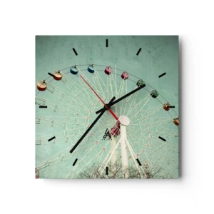 Reloj de pared - Reloj de vidrio - Una noria colorida contra un cielo azul en estilo retro. - 30x30cm - Te invitamos a jugar - Decoración de pared moderna para salón y dormitorio ARTTOR