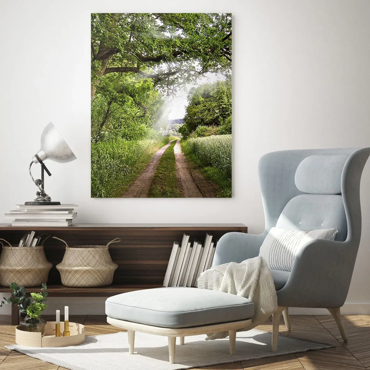 Cuadro sobre vidrio - Impresiones sobre Vidrio - Un camino de tierra entre árboles verdes y luz solar. - 70x100cm - Ensueño - Decoración de pared moderna para salón y dormitorio ARTTOR