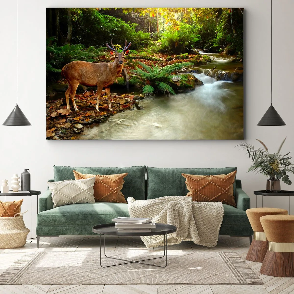 Cuadro sobre lienzo - Impresión de Imagen - Un ciervo junto a un arroyo rodeado de vegetación en el bosque. - 70x50cm - Bienvenido a mi mundo - Decoración de pared moderna para salón y dormitorio ARTTOR