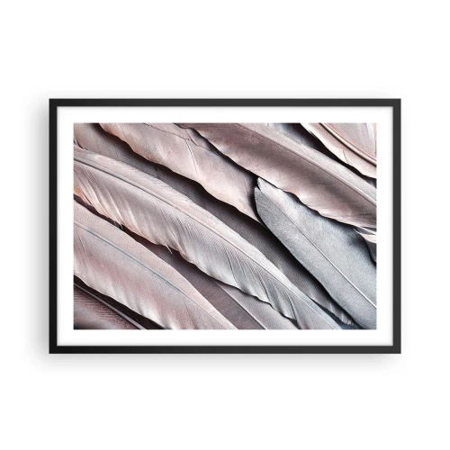 Póster en marco negro - Plumas delicadas en sutiles tonos de gris y beige. - 70x50cm - En rosa plateado - Decoración de pared moderna para salón y dormitorio ARTTOR