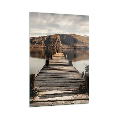 Cuadro sobre vidrio - Impresiones sobre Vidrio - Un embarcadero de madera sobre un lago con vistas a las montañas al fondo. - 50x70cm - Un paisaje en silencio - Decoración de pared moderna para salón y dormitorio ARTTOR
