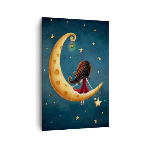 Cuadro sobre lienzo - Impresión de Imagen - Una niña en la luna rodeada de estrellas. - 80x120cm - Érase una vez... - Decoración de pared moderna para salón y dormitorio ARTTOR
