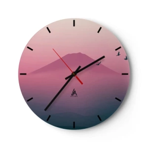 Reloj de pared - Reloj de vidrio - Una montaña al anochecer con tonos rosados y morados. - 30x30cm - Sobre las nubes - Decoración de pared moderna para salón, cocina y dormitorio ARTTOR