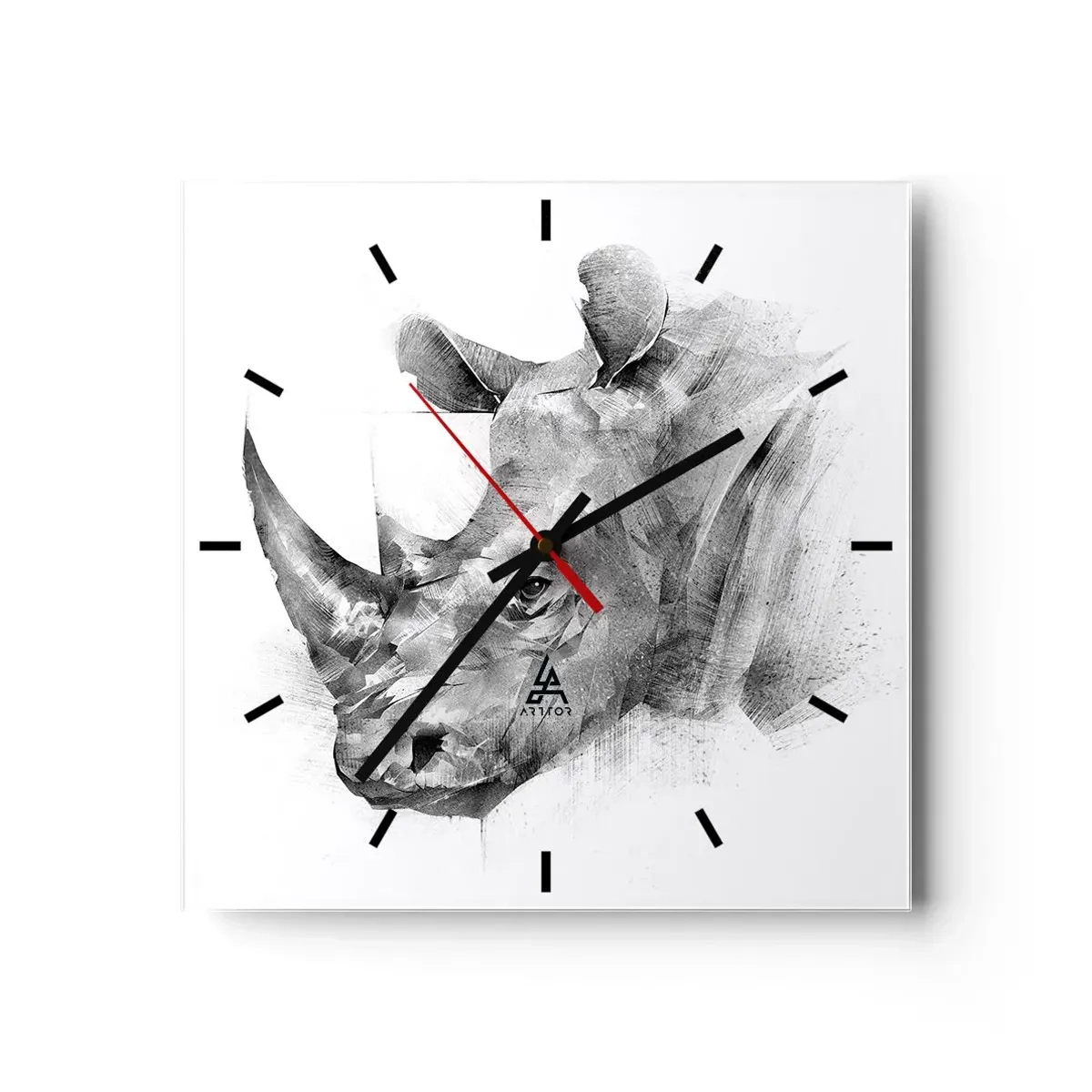 Reloj de pared - Reloj de vidrio - Retrato artístico de un rinoceronte en blanco y negro. - 30x30cm - Retrato africano - Decoración de pared moderna para salón y dormitorio ARTTOR