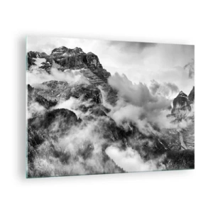 Cuadro sobre vidrio - Impresiones sobre Vidrio - Montañas en blanco y negro con niebla en los valles. - 70x50cm - Hermoso y cruel - Decoración de pared moderna para salón y dormitorio ARTTOR