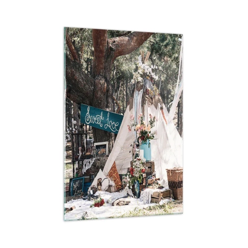 Cuadro sobre vidrio - Impresiones sobre Vidrio - Decoración boho con un tipi en el bosque - 70x100cm - Amor exótico - Decoración de pared moderna para salón y dormitorio ARTTOR