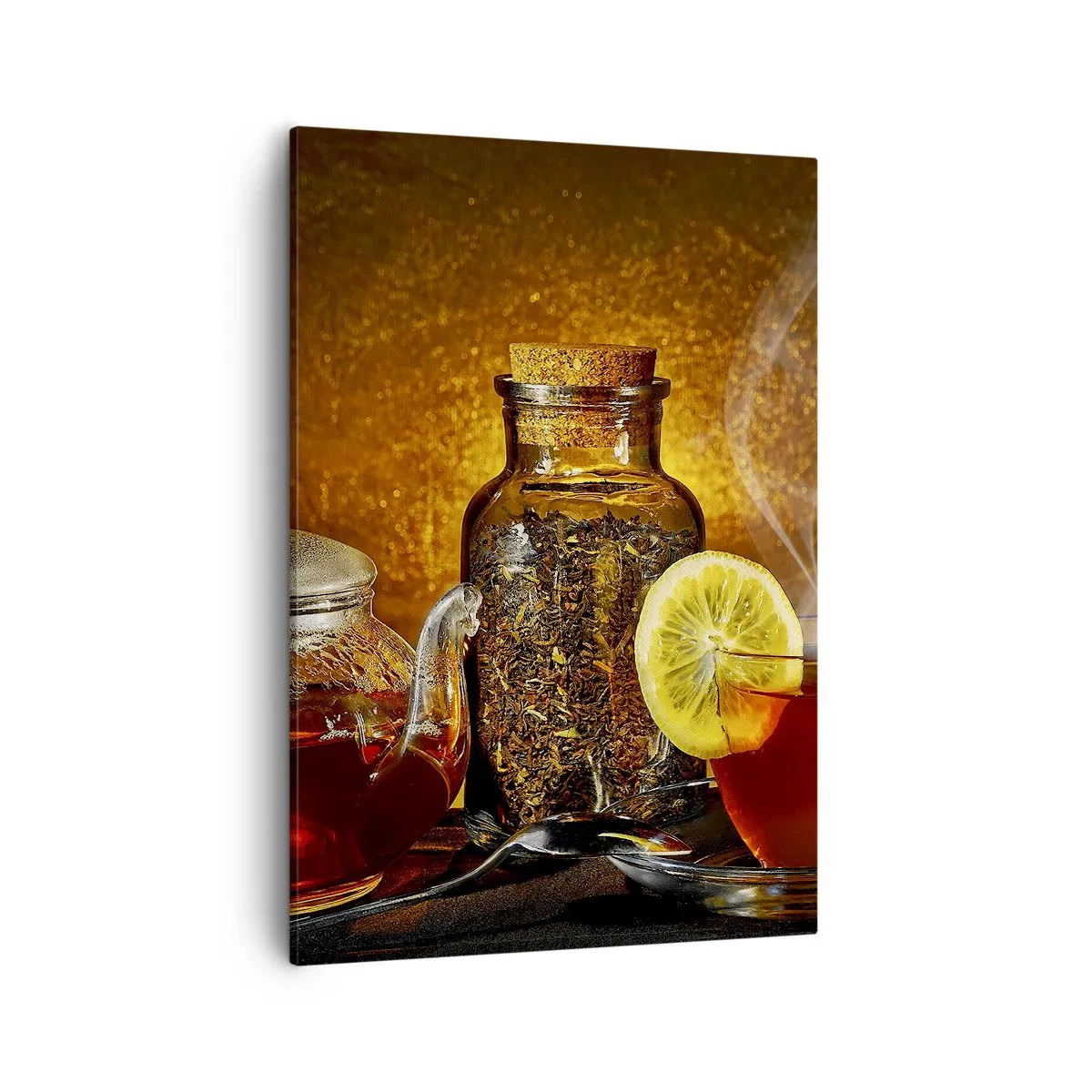 Cuadro sobre lienzo - Impresión de Imagen - Té en jarra de cristal con limón y té suelto. - 50x70cm - Al estilo de los maestros holandeses - Decoración de pared moderna para salón y dormitorio ARTTOR