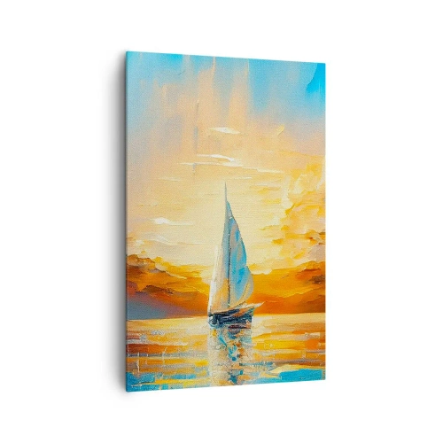 Cuadro sobre lienzo - Impresión de Imagen - Un velero con el sol poniente y nubes de colores como telón de fondo. - 80x120cm - Navegando en oro - Decoración de pared moderna para salón y dormitorio ARTTOR