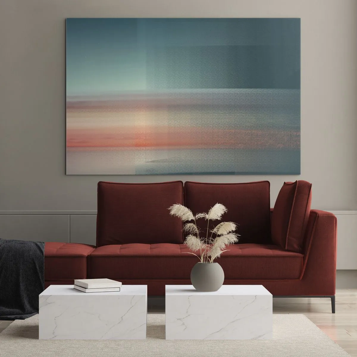 Cuadro sobre vidrio - Impresiones sobre Vidrio - Una abstracción pastel que recuerda las ondas de luz al atardecer. - 100x70cm - Abstracción: ondas de luz - Decoración de pared moderna para salón y dormitorio ARTTOR