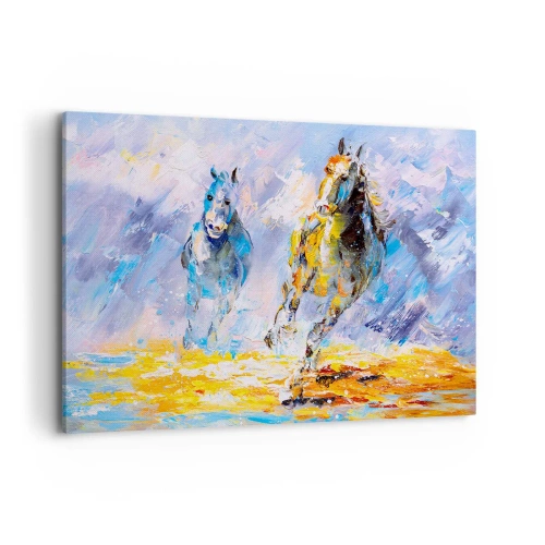 Cuadro sobre lienzo - Impresión de Imagen - Dos caballos en movimiento con el telón de fondo de un paisaje abstracto. - 100x70cm - Galopando a través del resplandor - Decoración de pared moderna para salón y dormitorio ARTTOR