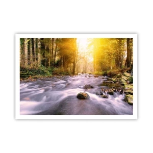 Póster - Un arroyo forestal iluminado por los rayos del sol. - 100x70cm - Malaquita en un marco de plata y oro - Decoración de pared moderna para salón y dormitorio ARTTOR