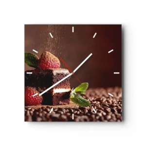 Reloj de pared - Reloj de vidrio - Pastel de chocolate con frambuesas y menta sobre un fondo de granos de cacao. - 30x30cm - La vida es dulce - Decoración de pared moderna para salón y dormitorio ARTTOR