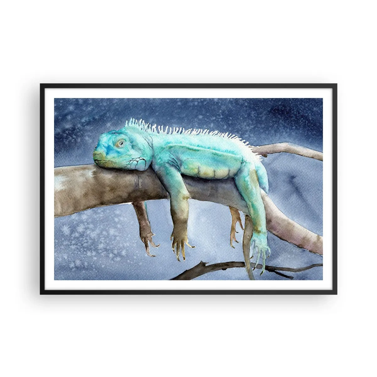 Póster en marco negro - Iguana azul descansando en una rama - 100x70cm - Me siento bien, ¿y tú? - Decoración de pared moderna para salón y dormitorio ARTTOR