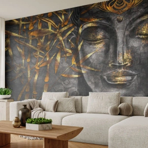 Fotomural Premium Sand - Una imagen de Buda dorada sobre un fondo oscuro con bambú. - 100x70cm - Siente la paz - Decoración de pared moderna para salón y dormitorio ARTTOR