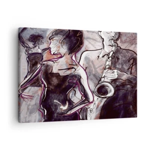 Cuadro sobre lienzo - Impresión de Imagen - Escena de jazz abstracta con un saxofonista y una mujer bailando. - 70x50cm - Fundirse en uno con la música - Decoración de pared moderna para salón y dormitorio ARTTOR