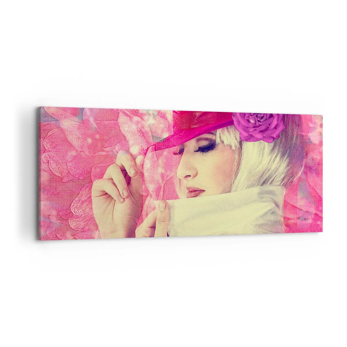 Cuadro sobre lienzo - Impresión de Imagen - Mujer elegante con un sombrero rosa y una flor. - 120x50cm - Retrato retro en rosa - Decoración de pared moderna para salón y dormitorio ARTTOR