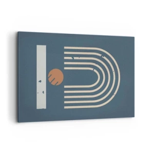 Cuadro sobre lienzo - Impresión de Imagen - Patrón geométrico en tonos azul marino, beige y naranja sobre un fondo oscuro. - 120x80cm - Geometría sobre azul marino - Decoración de pared moderna para salón y dormitorio ARTTOR