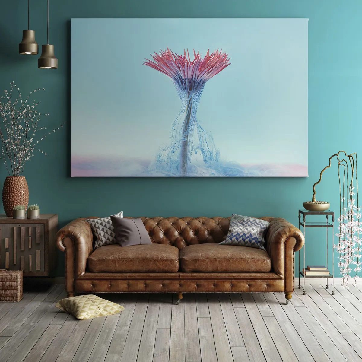 Cuadro sobre lienzo - Impresión de Imagen - Una flor rosa y azul en un arreglo artístico sobre un fondo pastel. - 120x80cm - En un abrazo vigorizante - Decoración de pared moderna para salón y dormitorio ARTTOR