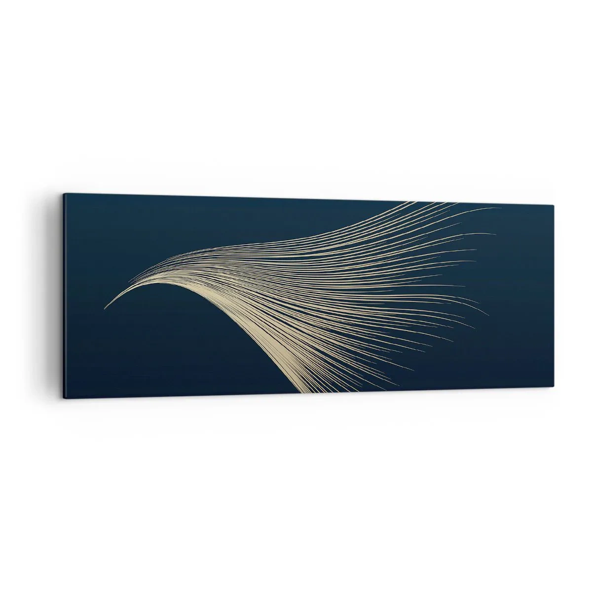 Cuadro sobre lienzo - Impresión de Imagen - Una delicada línea similar a una pluma sobre un fondo azul marino. - 140x50cm - Como el cabello de un ángel - Decoración de pared moderna para salón y dormitorio ARTTOR