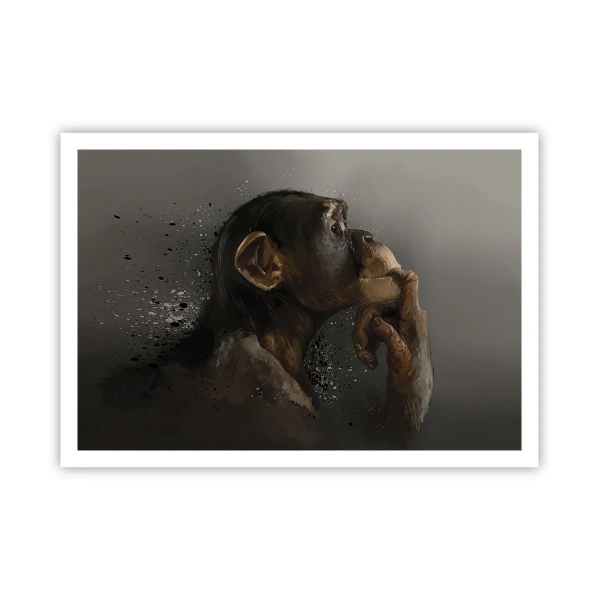 Póster - Retrato de un mono en pose reflexiva sobre un fondo gris. - 100x70cm - La evolución del pensador - Decoración de pared moderna para salón y dormitorio ARTTOR