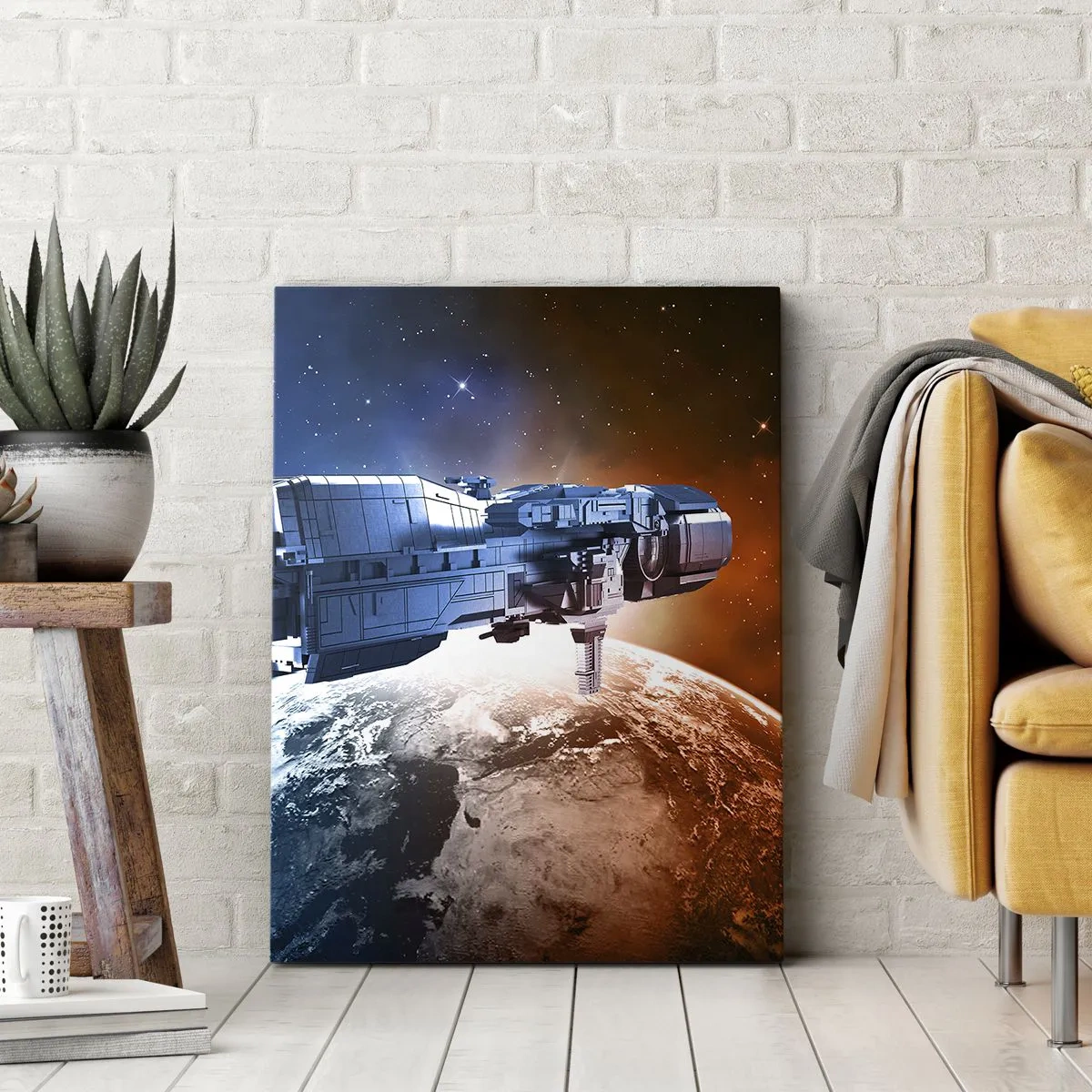 Cuadro sobre lienzo - Impresión de Imagen - Una nave espacial con un planeta en el espacio como telón de fondo. - 50x70cm - Un observador atento - Decoración de pared moderna para salón y dormitorio ARTTOR
