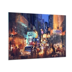 Cuadro sobre vidrio - Impresiones sobre Vidrio - Pintoresca escena nocturna de la ciudad con luces de neón y tráfico callejero. - 100x70cm - Y la ciudad no duerme - Decoración de pared moderna para salón y dormitorio ARTTOR