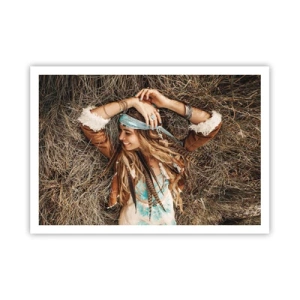 Póster - Mujer de estilo boho tumbada sobre el heno - 100x70cm - El verano del amor - Decoración de pared moderna para salón y dormitorio ARTTOR