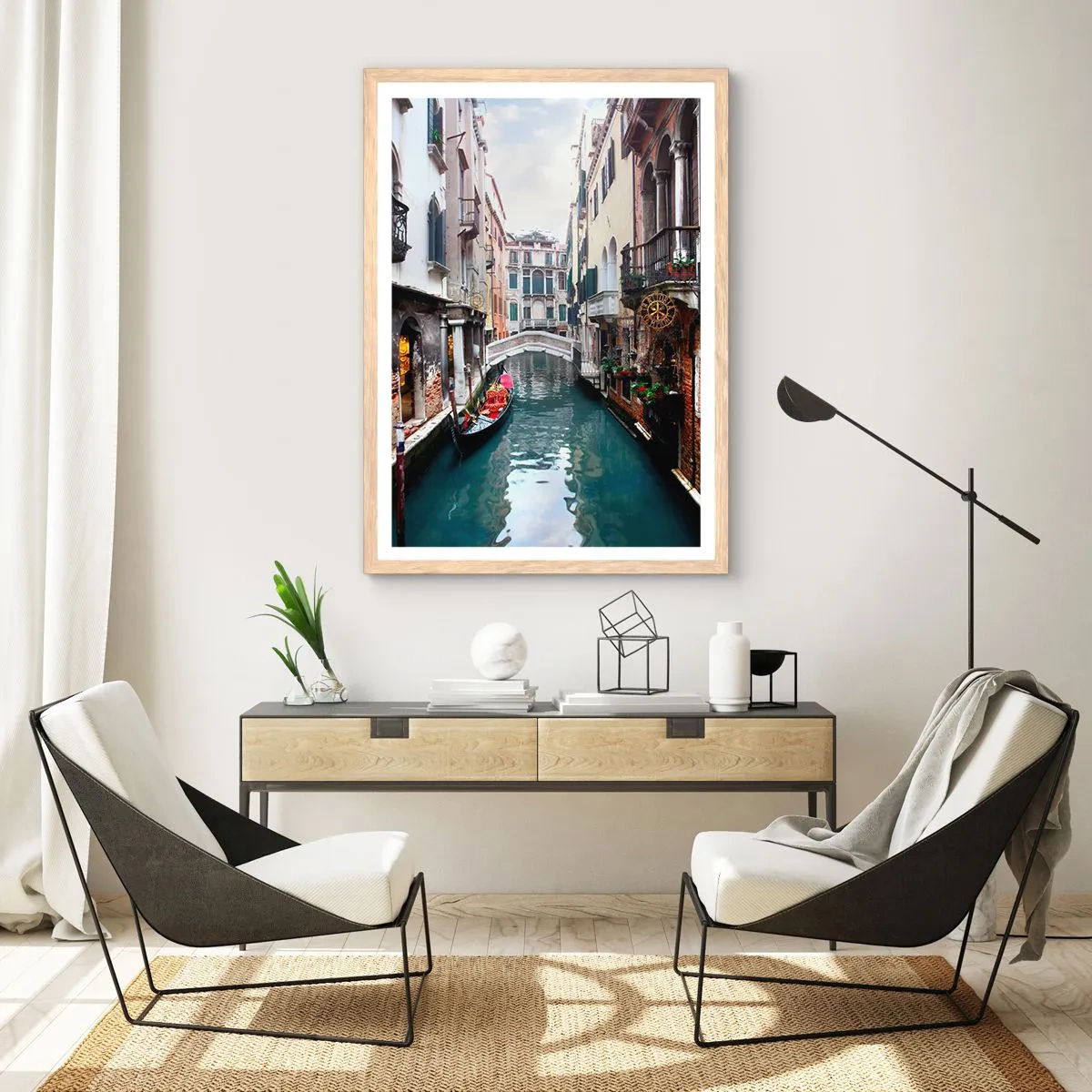 Póster en marco roble claro - Paisaje veneciano con góndola y puente - 50x70 cm