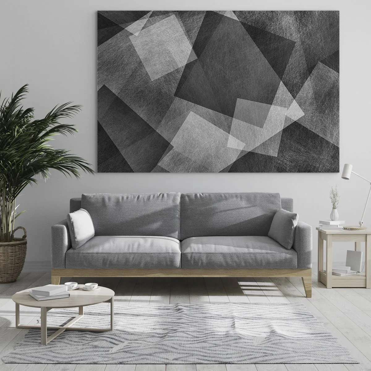 Cuadro sobre vidrio - Impresiones sobre Vidrio - Abstracción geométrica en tonos negro, blanco y gris. - 100x70cm - Un símbolo eterno de permanencia y orden - Decoración de pared moderna para salón y dormitorio ARTTOR