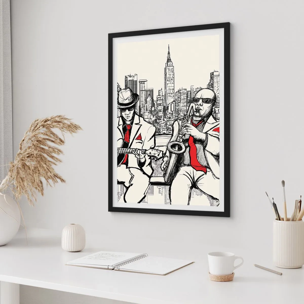 Póster en marco negro - Dos músicos de jazz con el horizonte de la ciudad como telón de fondo. - 50x70cm - Improvisación en Nueva York - Decoración de pared moderna para salón y dormitorio ARTTOR