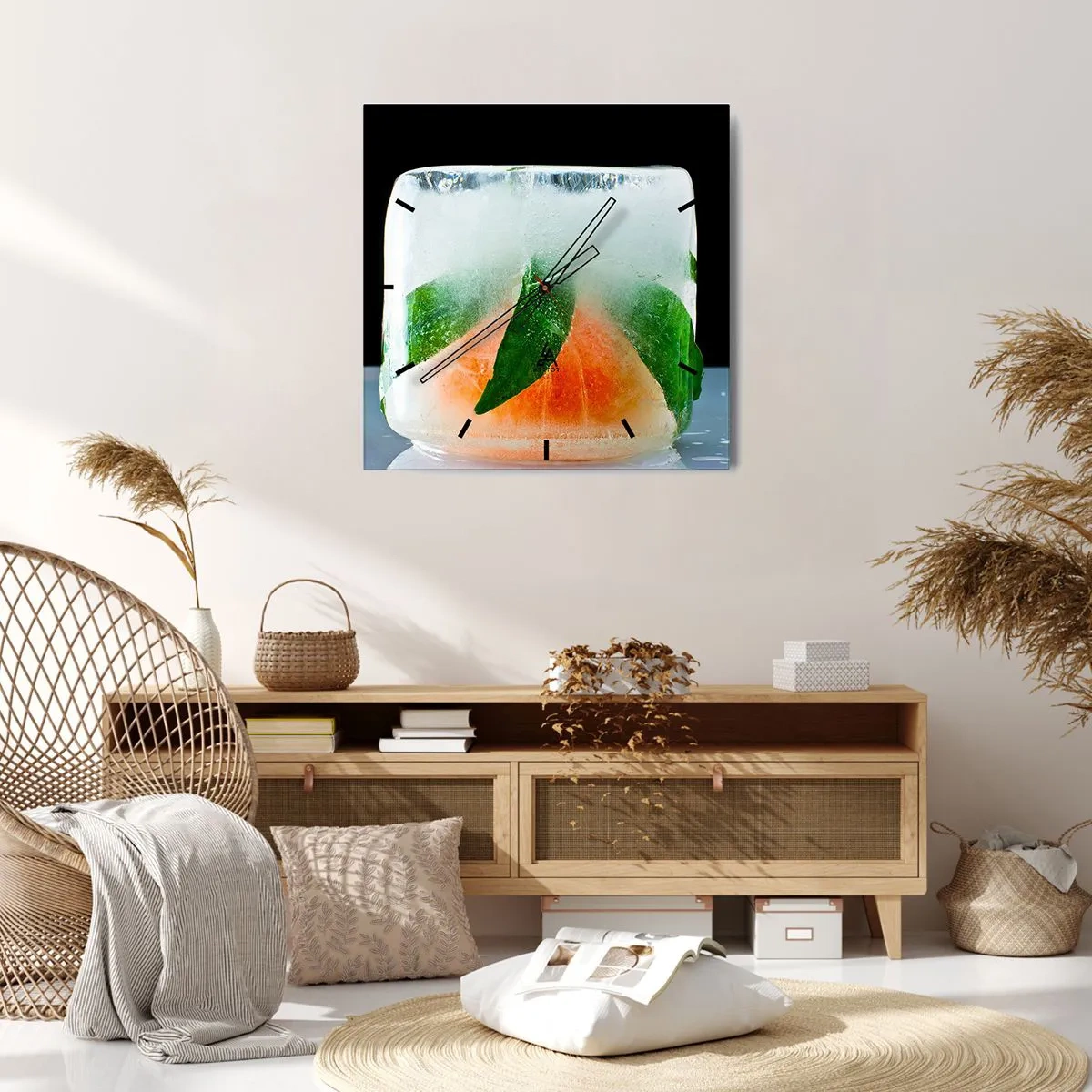 Reloj de pared - Reloj de vidrio - Cubito de hielo con naranja y hojas - 30x30cm - Frescura - Decoración de pared moderna para salón y dormitorio ARTTOR