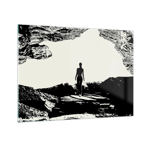 Cuadro sobre vidrio - Impresiones sobre Vidrio - Silueta de una mujer emergiendo de una cueva en gráficos en blanco y negro - 70x50cm - Una nueva mirada - Decoración de pared moderna para salón y dormitorio ARTTOR