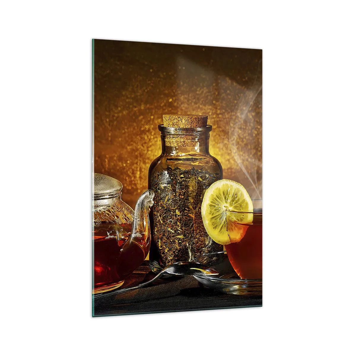 Cuadro sobre vidrio - Impresiones sobre Vidrio - Té en jarra de cristal con limón y té suelto. - 70x100cm - Al estilo de los maestros holandeses - Decoración de pared moderna para salón y dormitorio ARTTOR